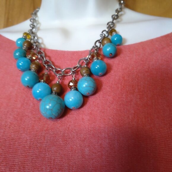 CHUNKY BEADED FAUX TURQUOISE FACETED PRINCESS NECKLACE SILVER TONE CHAIN J10 - Picture 4 of 7